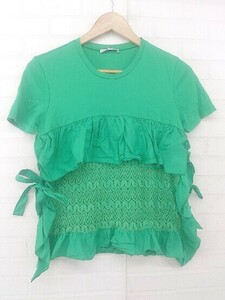 ◇ ZARA Trafaluc 切替 レース フリル スリット 半袖 Tシャツ カットソー サイズEUR S USA S MEX 26 グリーン レディース E