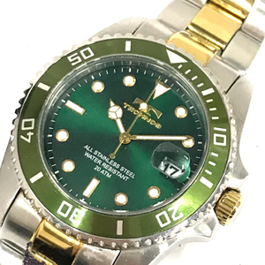 テクノス デイト クォーツ 腕時計 メンズ T2118 グリーン文字盤 純正ブレス 付属品あり 未稼働品 TECHNOS