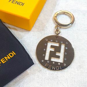 【ストーン欠けなし】FENDI フェンディ ダブルF ズッカ キーホルダー チャーム ゴールド × ストーン 箱・保存袋付 鑑定済【送料無料】