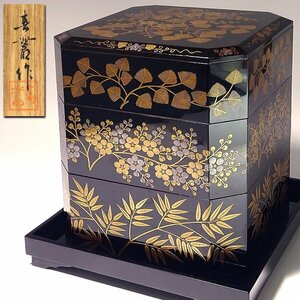 慶應◆時代漆芸【春叢】作 金銀蒔絵松竹梅文 内朱塗 台付三段御重箱 共箱付