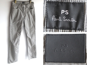 美品 PS Paul Smith ポールスミス 2019SS ゼブラリベット ロゴピスネーム 千鳥格子チェック柄 コットン ストレッチ 5Pパンツ M グレー