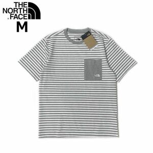 1円～!売切!【正規新品】THE NORTH FACE S/S REGRIND POCKET TEE 半袖 Tシャツ US限定 ロゴ刺繍 男女兼用(M)グレー ボーダー柄 180902-18