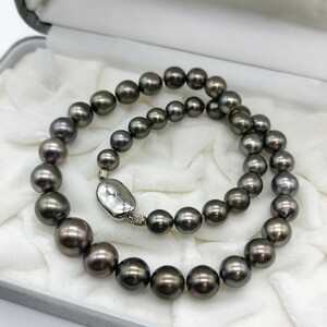 【テリ抜群!!】黒蝶真珠 クロチョウ パール ネックレス 8mm〜11.5mm 44cm SILVER 刻印 50.9g 本真珠 pearl jewelry necklace ピーコック