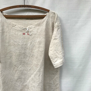 アンティーク リネン ワンピース フランス ハンドメイド イニシャル 刺繍 厚手 ANTIQUE LINEN FRANCE 40s 50s 60s