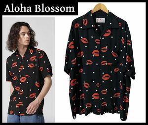 ■ 希少 XXXL 48 ビッグサイズ 美品 Aloha Blossom アロハブロッサム KISS リップ ドット 水玉 半袖 レーヨン ハワイアン アロハ シャツ 黒