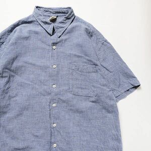 2003年 オールドネイビー ギンガムチェック リネン×コットン ボックスシャツ 半袖 (L) 紺白 00
