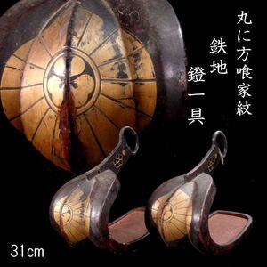 【靨】時代 丸に片喰家紋 鉄地乾漆 鐙 31cm 馬具 武具骨董 T[D242.2]WP2/24.12廻/SI/(160)