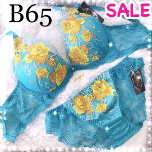 セール★B65M★シアーリッチローズ ブルー★脇高ブラジャー&ショーツセット★育乳 華やか 刺繍 レース Bカップ アンダー65 新品 下着★みゆ