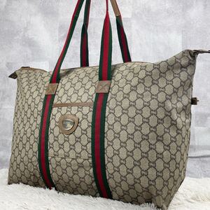 美品 OLD GUCCI オールド グッチ グッチプラス トートバッグ ビジネス ボストン A4 シェリーライン メンズ GG柄 肩掛け PVC ロゴプレート 