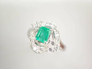 2/美品 タサキ 田崎真珠 Pt900 エメラルド0.60ct ダイヤ計0.40ct デザイン リング 指輪