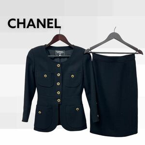 高級 CHANEL シャネル ヴィンテージ 手書きタグ ウール ノーカラージャケット＆スカート セットアップ スーツ