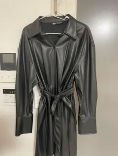 ZARA 合成皮革 ロングシャツワンピース M ブラック