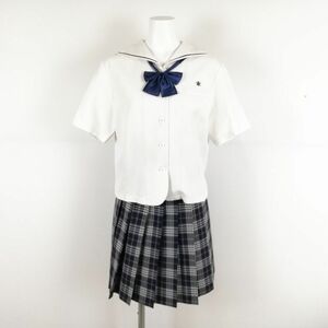 1円 セーラー服 ミニスカート リボン 上下3点セット 大きいサイズ カンコー 夏物 青1本線 女子 学生服 中学 高校 白 中古 ランクC NA9267