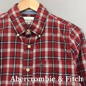 アバクロ Abercrombie & Fitch 長袖シャツ ヘラジカ 刺繍 ボタンダウンシャツ ネルシャツ チェック柄 レッド Sサイズ メンズ 男性 ♭★φ