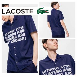 極美品■LACOSTE ラコステ■麻混 レタージャガード オープンカラー シャツ M ネイビー 白 刺繍ワッペン 半袖 リネン混 定価16,500円