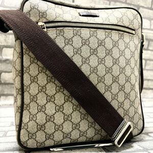 極美品●GUCCI グッチ ショルダーバッグ GGスプリーム GG柄 メッセンジャー 201448 メンズ ビジネス ロゴ PVC ブラウン レディース