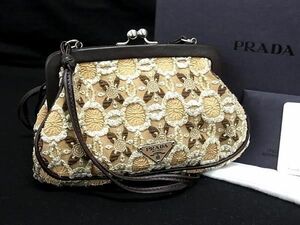 ■極美品■ PRADA プラダ BT0323 特殊素材×レザー がま口 コインケース コインパース 小銭入れ ブラウン系×ベージュ系 FA7367