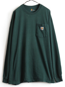 大きいサイズ XL ■ カーハート ポケット付き 長袖 Tシャツ ( メンズ ) 古着 CARHARTT ロンT ワンポイント ポケT ロゴT ヘビーウェイト 緑