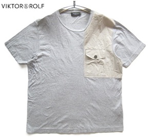 超美品イタリア製!!ヴィクター＆ロルフ VICTOR＆ROLF*胸ポケット付き ミリタリーデザインTシャツ M グレー×ベージュ 