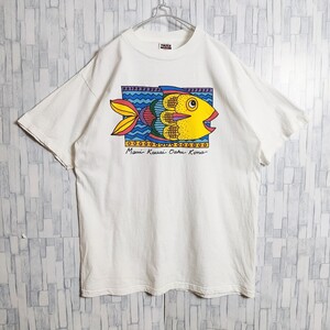 おすすめ！アメリカ古着！タルテックス TULTEX Tシャツ アート系 アニマル柄 魚柄 アメカジ 半袖Tシャツ 00s ホワイト 白 古着