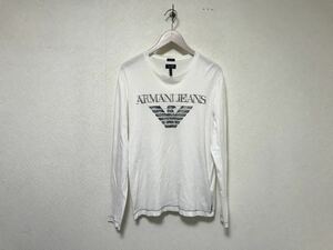 本物アルマーニジーンズARMANI JEANSコットンロゴプリント長袖TシャツロンTメンズアメカジサーフビジネススーツM白ホワイトペルー製