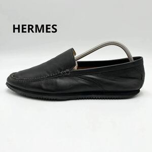 1円 【美品】 HERMES エルメス 【王者の風格】 メンズ スニーカー シューズ スリッポン ローファー 革靴 ロゴ ブラック 黒 40 25cm相当