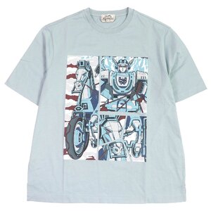 未使用品□HERMES エルメス 22SS メガ・シャリオ コットン100％ プリントデザイン 半袖Ｔシャツ ライトブルー S イタリア製 正規品