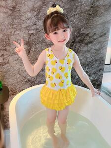 新品 子供水着 女の子 ワンピース ガールズ 水着 可愛い フリル キッズ 海 プール 保育園 幼稚園 学校 帽子がつき2点セット イエロー 90cm