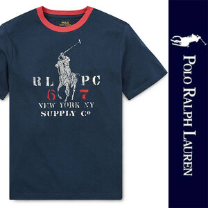 新品 POLO RALPH LAUREN BOYS S/S T-SHIRT ポロ ラルフローレン ボーイズ 半袖Ｔシャツ ネイビー レッド ビッグポニー L 正規品 (149)