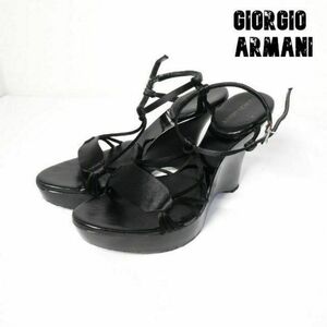 良品 GIORGIO ARMANI ジョルジオアルマーニ 37 約24㎝ サテン レザー アンクルストラップ ウッド ウェッジソール サンダル 黒 ブラック