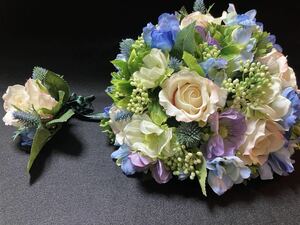 ブーケ ブートニア ウェディング 薔薇 ローズ アネモネ デルフィニウム 造花