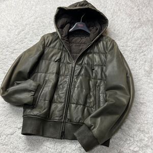 【美品/希少XLサイズ】ARMANI COLLEZIONI アルマーニ コレッツォーニ レザージャケット 撥水性 羊革 中綿 シープスキン 最高級 保温性◎ LL