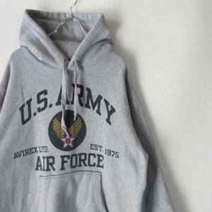 ○良品 PX AVIREX アヴィレックス◆スウェット パーカー プリント US ARMY AIR FORCE◆メンズ グレー Lサイズ