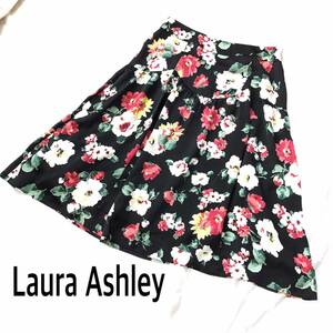 ★ Laura Ashley ローラア シュレイ ブラック 黒地 花柄 フラワー 総柄 シフォン調 フレア スカート サイズ13 ★ 