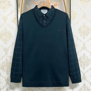 一枚限定EU製＆定価4万◆UABONI*Paris*ポロシャツ*フランス*パリ発◆100％カシミヤ ソフト 暖かい 長袖 チェック柄 プルオーバー 2XL/52