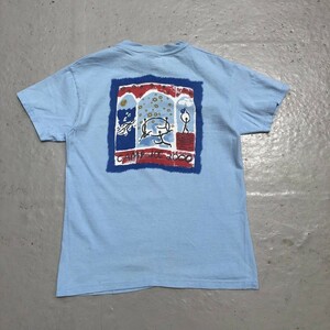 90s vintage Hanes ヘインズ　デカロゴ　アースカラー　民族　古着　tシャツ 水色