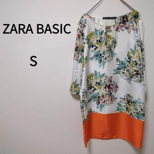 【ZARA BASIC】ザラ（S）花柄チュニック＊ボタニカル＊裾オレンジ＊派手