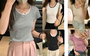 全5色 半袖Ｔシャツ ショート丈 切り替え スリム 着痩せ シンプル S ホワイト