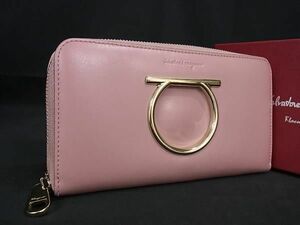 1円 ■美品■ Salvatore Ferragamo フェラガモ ガンチーニ レザー ラウンドファスナー 長財布 ウォレット レディース ピンク系 BG9509