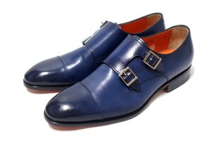 新品未使用 Santoni サントーニ ダブルモンク ドレスシューズ 15006 カーフ レザー ブルー メンズ 7 1/2 26-26.5cm バックル ビジネス