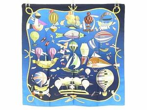 1円 ■極美品■ HERMES エルメス LES FOLIES DU CIEL【大空の狂気】 カレ90 シルク100％ スカーフ ストール ショール ネイビー系 BK1977