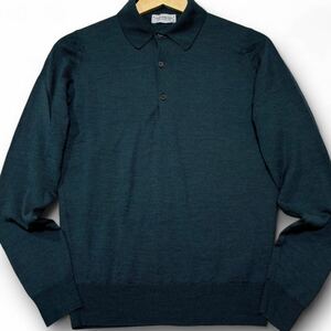 【美品】JOHN SMEDLEY ジョンスメドレー ニット ポロシャツ 長袖 セーター ウール イギリス製 グリーン 