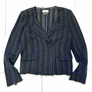 【イザベルマラン isabel marant etoile】美品 40サイズ Lサイズ ウール ダブル ストライプ ノーカラージャケット 緑グリーン