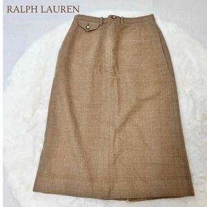 美品 RALPH LAUREN ラルフローレン チェック柄 Aライン タイトスカート ボトムス ウール ブラウン ベージュ 9号 レディース ミモレ丈 A5282