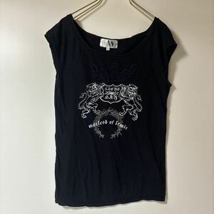 ロートレアモン LAUTREAMONT カットソー Tシャツ トップス ノースリーブ　プリント　刺繍デザイン　ネイビー　サイズ2 レディース