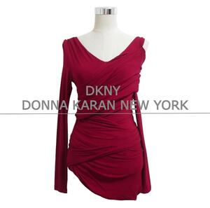 未使用 DONNA KARAN NEW YORK ダナキャランニューヨーク S アシンメトリー Vネック ニット ワンピース チュニック カットソー 赤 レッド