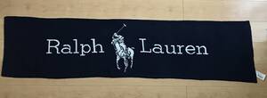 新品未使用POLO RALPH LAUREN ポロラルフローレン大判ロゴ入りウールマフラー ストール USラルフローレン NAVY×クリーム