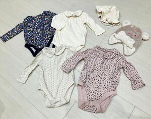 ☆美品☆Baby Gap 長袖ロンパース4枚【6-12m】&、帽子２個【42-44cm】