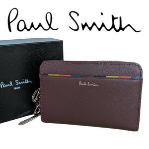 新品 ポールスミス Paul Smith キーケース コインケース ウォレット ブライトストライプトリム 4連 ワイン メンズ 紳士