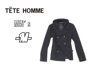 メンズM*TETE HOMME テットオム*ウールピーコート 黒